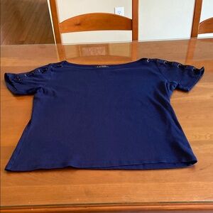 Lauren Ralph Lauren Navy Short Sleeve Top. 100% Cotton. Trim on sleeves.